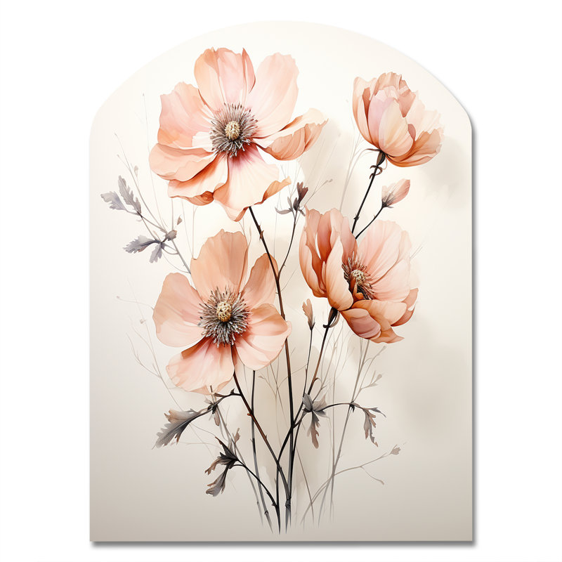 Fleur de pêche minimaliste beige pêche - décoration murale asymétrique en métal floral, sculpture murale en arche