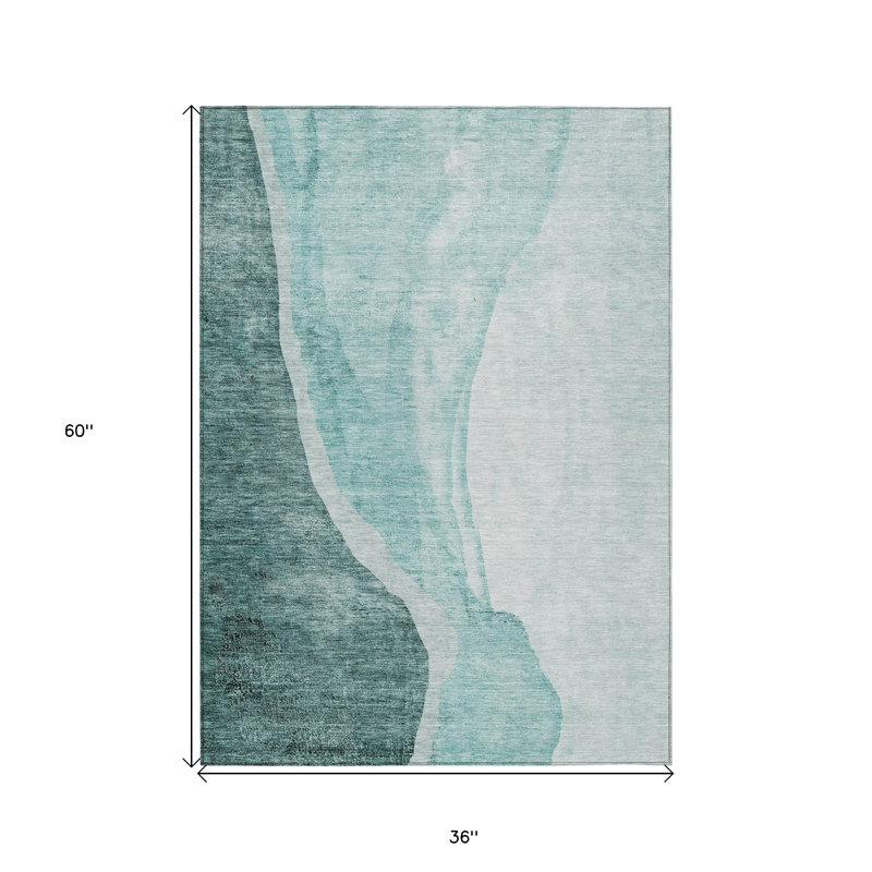 3' X 5' Teal Blue Aqua And Mint Green Abstract Washable Indoor Outdoor Area Rug