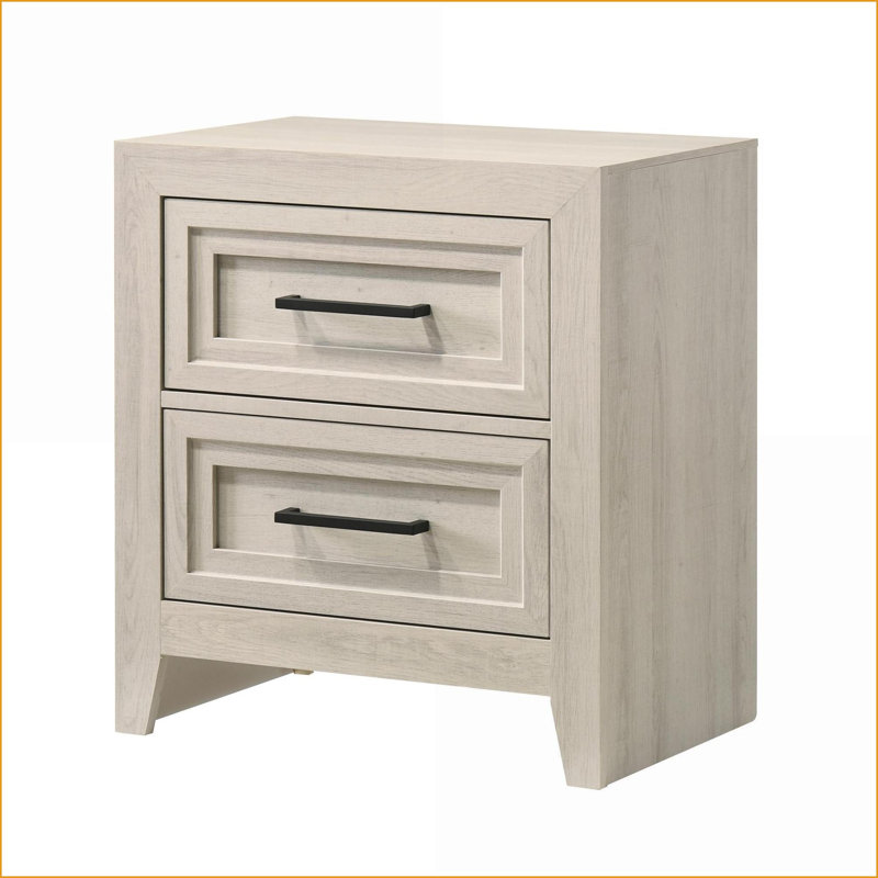 Table de chevet contemporaine en bois blanc cassé à deux tiroirs avec motif géométrique