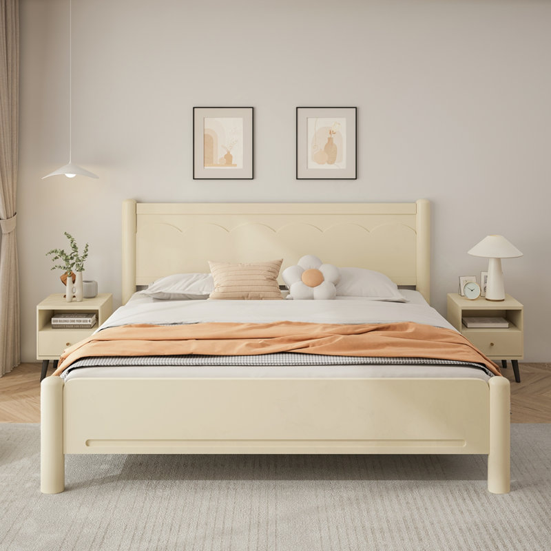 Lit plateforme Cammi avec tête de lit et lattes en bois, Beige / Naturel, Très grand