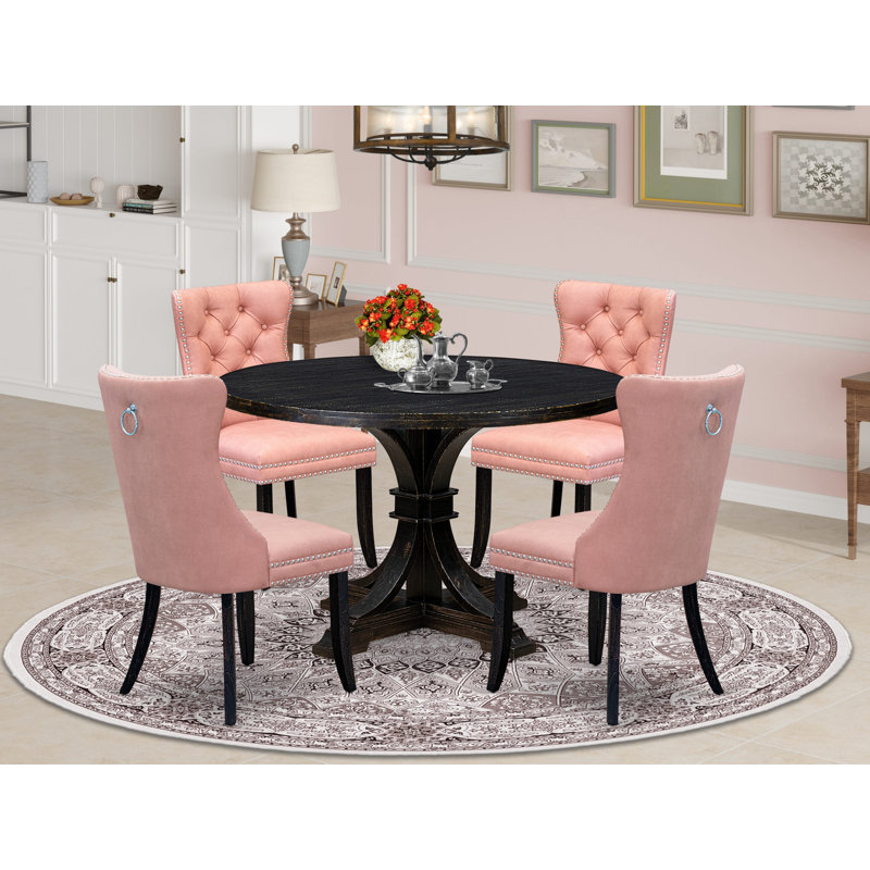 Ensemble de salle à manger 5 pièces pour 4 tables rondes avec piédestal et 4 chaises rembourrées en polyester beige, noir sablé