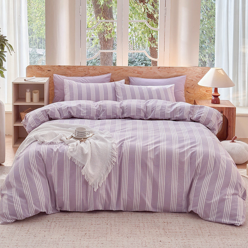 DONEUS Striped Duvet Cover Set 100% Washed Cotton Linen Like Soft Feelling 3 Pieces Bedding Set, Light Purple/White