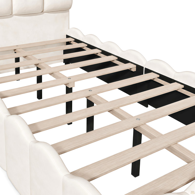 Structure de lit simple en velours avec tête de lit haute, support à lattes en bois, aucun sommier requis, assemblage facile, beige
