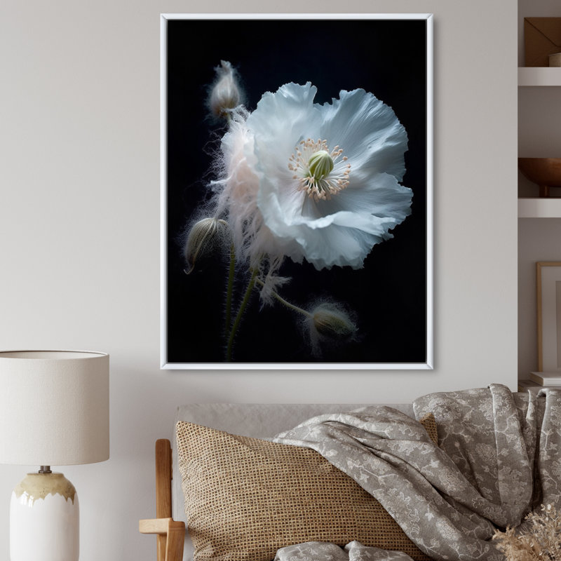 Coquelicots vibrants noirs et blancs sur toile, Cadre flottant blanc, H 20 po x l 12 po x P 1 po