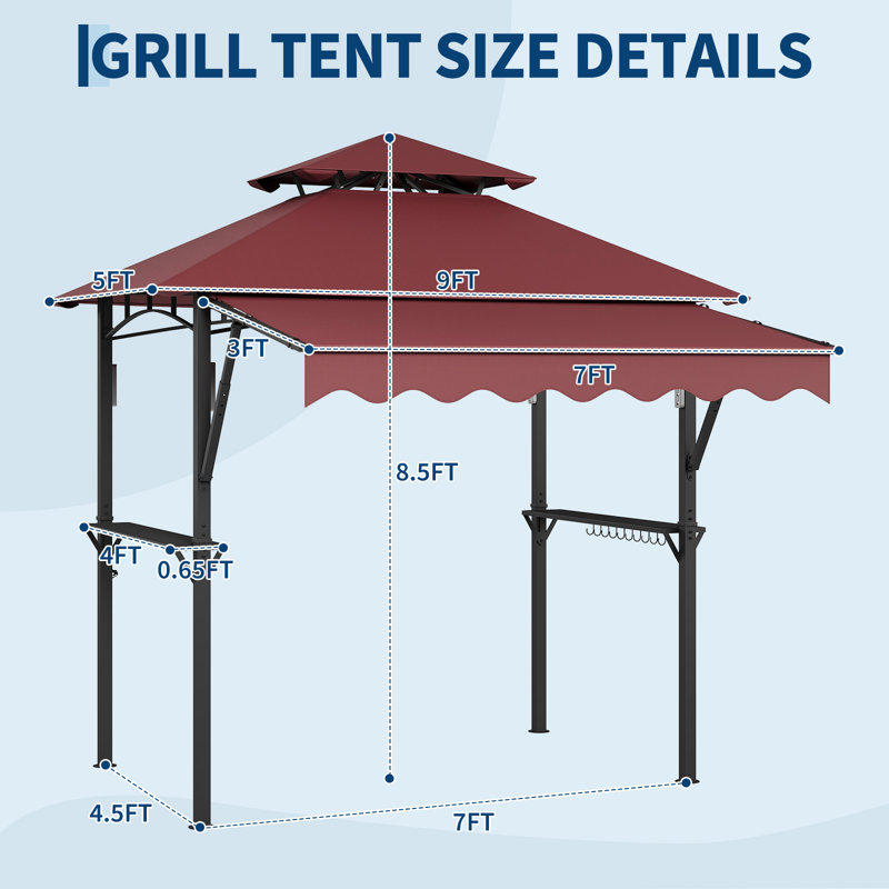 8x5 ft Grill Gazebo with 7x3 ft Adjustable Awning, 2-Tier BBQ Canopy with Shelves, Hooks & LED Lights for Backyard Garden Poolside, Claret Red