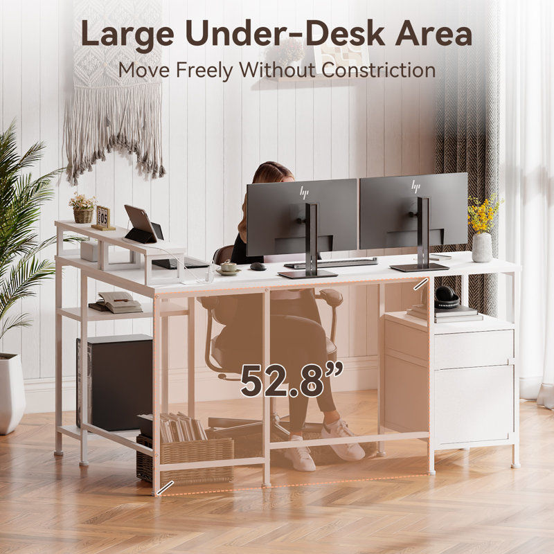 66 in. L-Shaped Computer Desk with 2 Monitor Stand, Power Outlet, Cabinet Gaming Desk Metal Base with Drawers Writing desk for Home Office