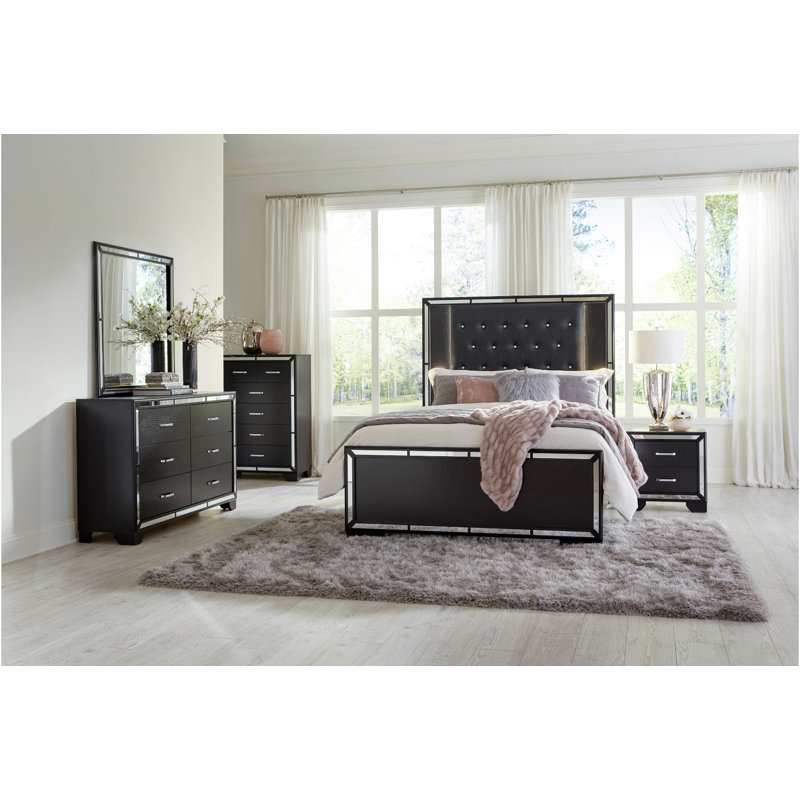 Ensemble de chambre à coucher à panneau en cuir Guylain 3-2 Kanya, Noir, Très grand