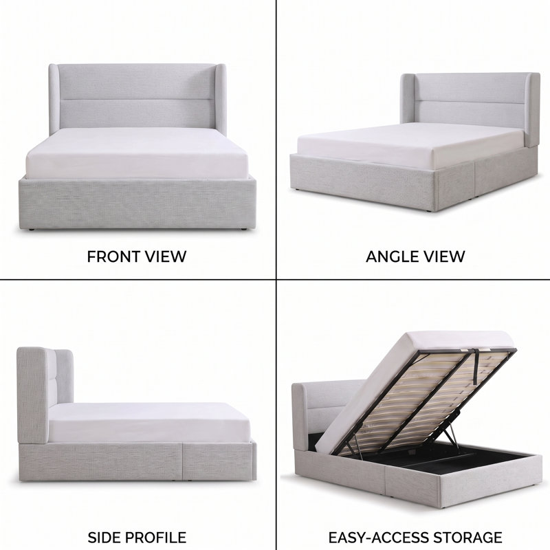 Annek Upholstered Bed Frame with Lift Up Storage, 40.9"H Wingback Headboard, Wood Slats & Metal Frame, Multiple Sizes & Fabric Options Available