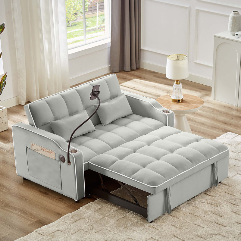 Pull-out Sofa Bed, Adjustable Back and with USB port, Gray Fabric