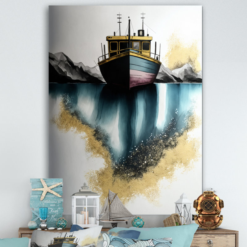 " Green Modern Fishing Boat ", 20" H x 12" W x 1" D, Wrapped Canvas