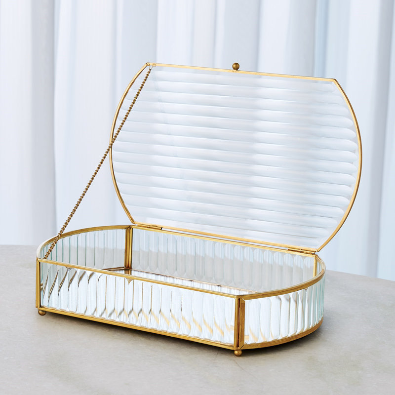Reeded Glass Oval Box, 2.75" H x 12" W x 7.5" D