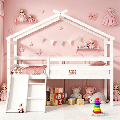 Twin Size Solid Wood Low Loft Bed With Slide, Ladder,House Roof Frame