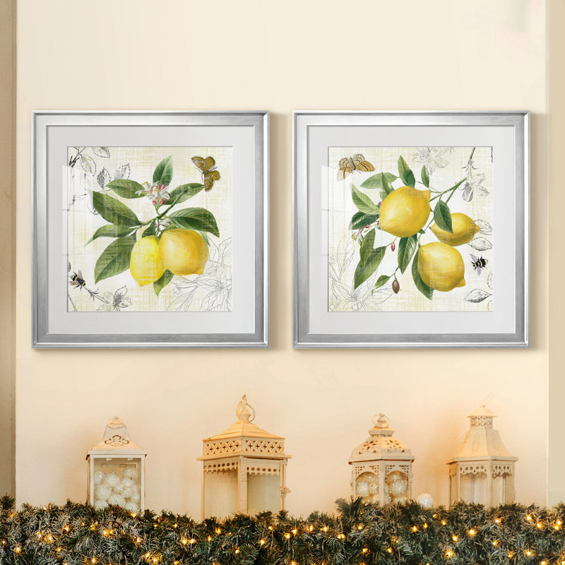Linen Lemons I - ensemble de 2 impressions, Papier avec cadre argenté, Blanc, H 22,5 po x l 45 po x P 1,5 po