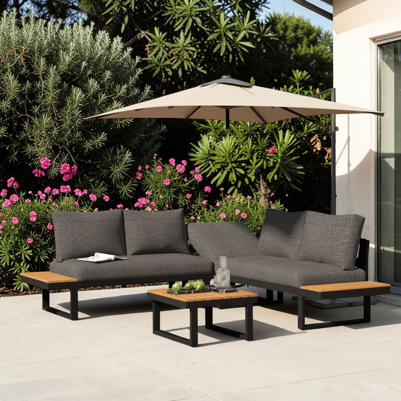 195cm Wide L-Shaped Patio Sectional Set, Grey
