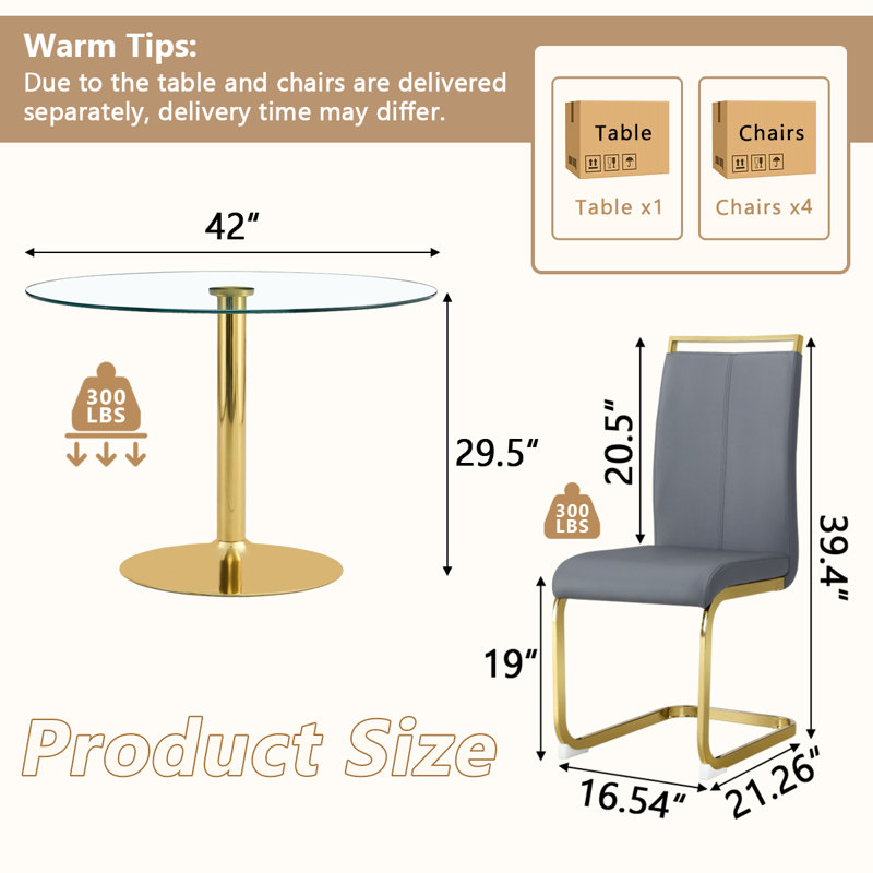 5 - Piece Pedestal Dining Set, Light Grey, 29.5" H x 39.7" L x 39.7" W