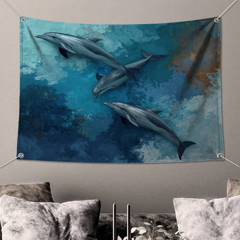 Tapisserie «Dauphins dans l'océan» - Décoration murale dauphins, 104in H x88 with 4 Grommets