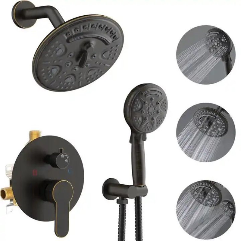 Robinet de douche mural noir mat avec pomme de douche ronde et poignée simple Juno