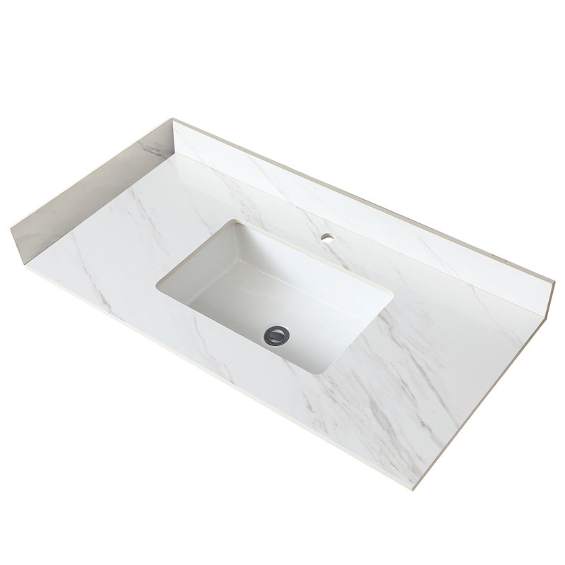 Plateau de meuble-lavabo blanc en pierre frittée de 37 po avec dosseret de 4 po et trou de robinet pour lavabo rectangulaire de 4 po