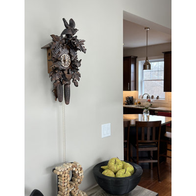  Eight Day Cuckoo Clock – 17 in Height – Hand-Carved Leaves, Birds & Bird Nest