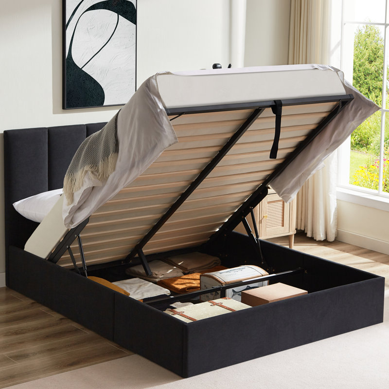 Lit plateforme tapissier à rangement hydraulique Juanetta, Double, Black Linen