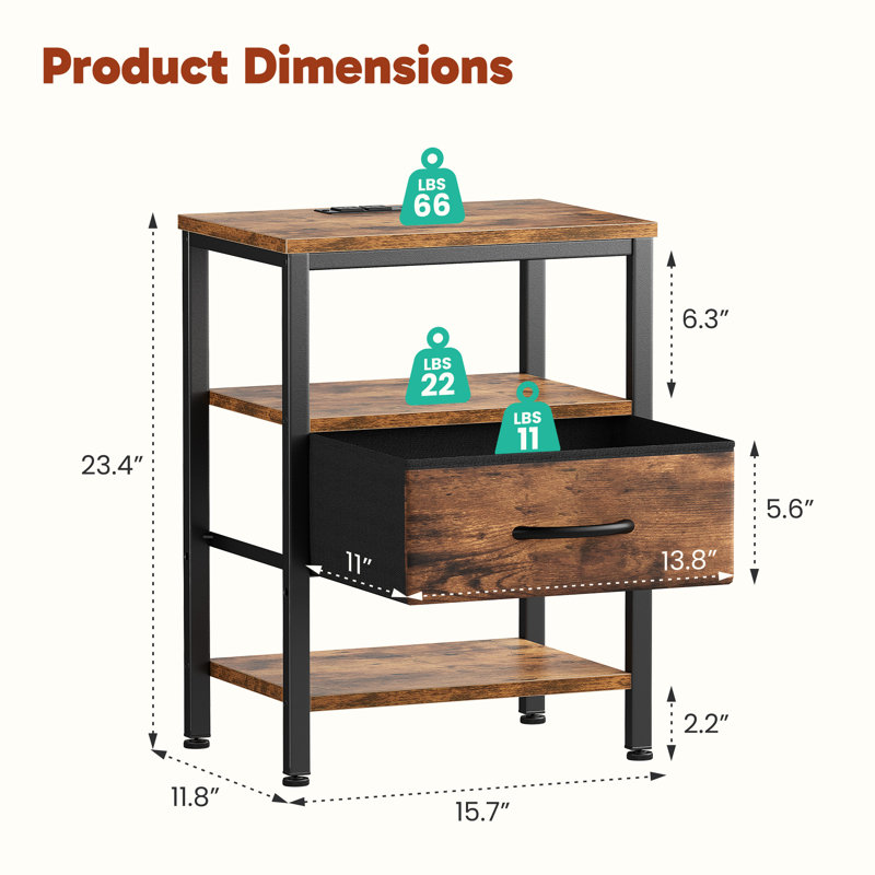 Nightstand with Built-in Charging Station, Bedside Table with Adjustable Fabric Drawer and 3-Tier Storage End Table