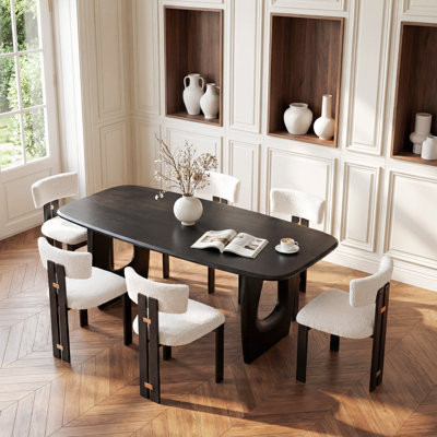 6 Person Modern Dining Table Set, 68" Rectangle Wood Table and Boucle Armless Chairs
