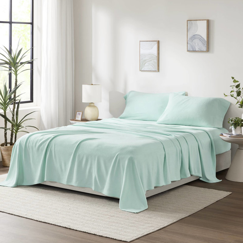 Ensemble de 4 draps 100% molleton doux au toucher - boulochage, lavable à la machine, avec drap plat, 2 taies d'oreiller ajustées, convient aux matelas de 16 po