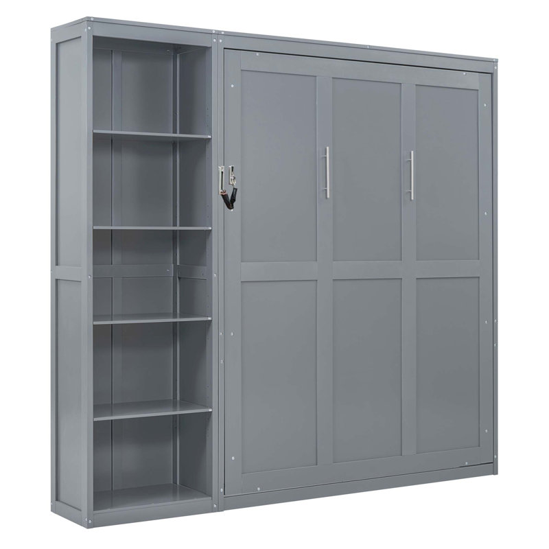 Grand lit escamotable mural avec tablettes, Gris