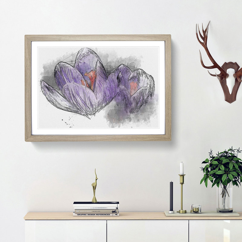 Purple Crocus Flower Sketch - Picture Frame Graphic Art Print, Oak Framed, 45cm H x 63cm W x 2cm D