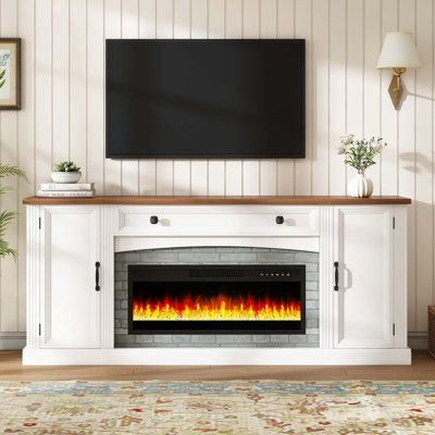 Heating Electric Fireplace TV Stand with Mantel for TVs Up to 70", Farmhouse Console Cabinet with Cable Management, Walnut TV Cabinet with Drawer and Adjustable Shelves for Living Room