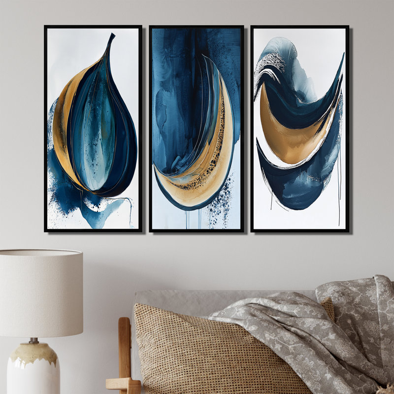 «White and Blue Folk Fruit Abstract I», impression d'art abstrait rouge sur 3 panneaux, H 28 po x l 36 po, Noir