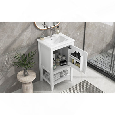 Meuble-lavabo de 20 po avec lavabo, armoire de salle de bain avec porte à fermeture douce, support de rangement et tablette ouverte, blanc