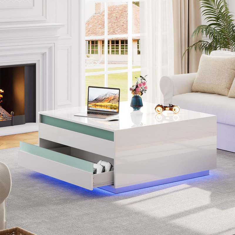 White High Gloss Square Lift Top Coffee Table with LED & Flip Lid - Modern Small Coffee Table with Drawer for Living Room