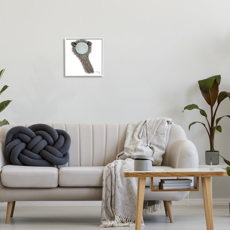 Drôle d'autruche soufflant de gomme à bulles encadrée sur bois par Ale Saiz Studio, impression, H 12 po x l 12 po x P 1,5 po