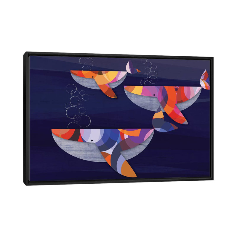 Baleines - reproduction d'impression sur toile, H 18 po x l 26 po x P 1,5 po, Toile avec cadre noir, Pas de tapis