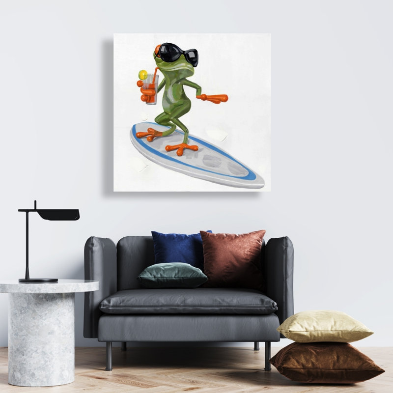«Funny Frog Surfing Canvas» | Art animalier vert pour la décoration intérieure
