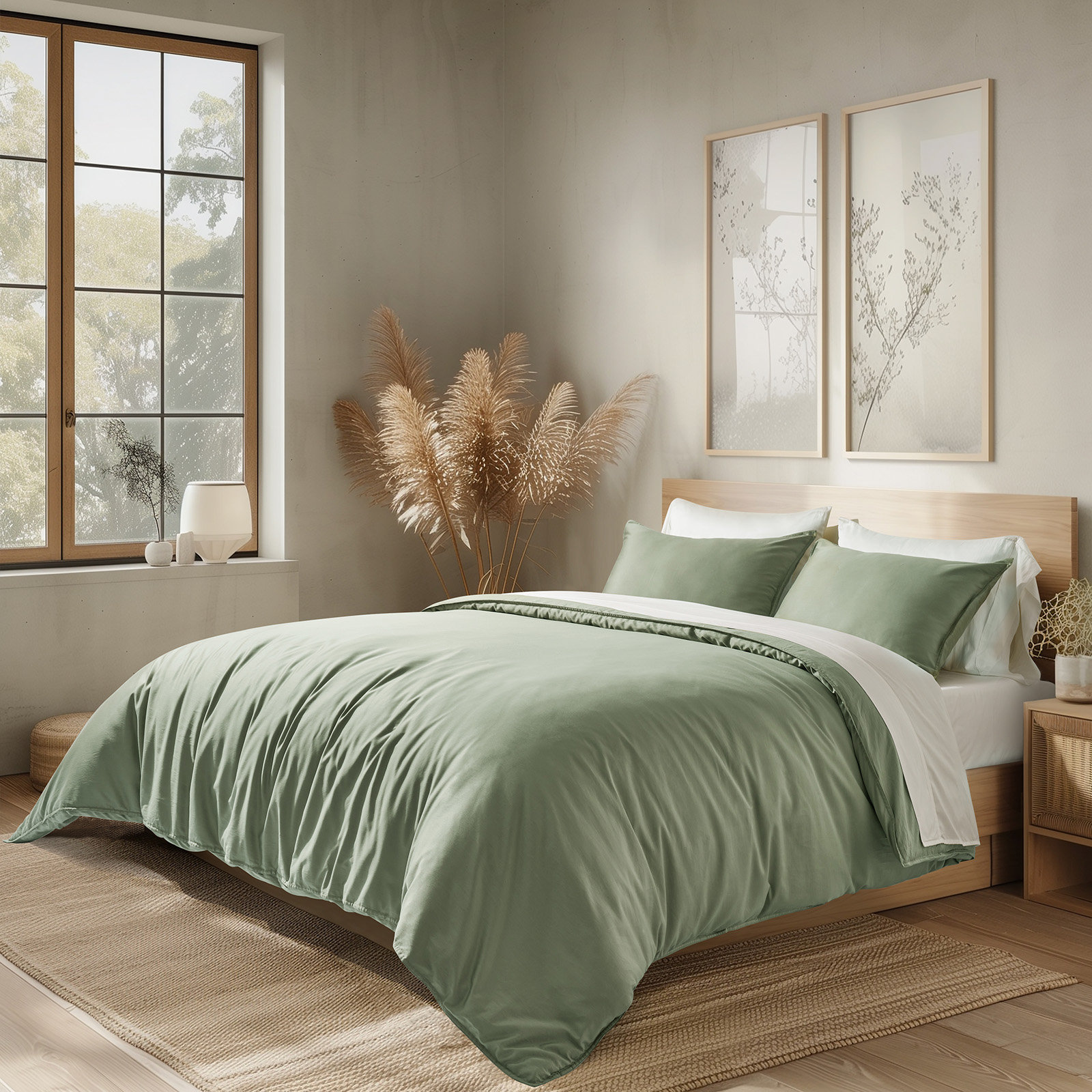 Cotton Tencel Duvet Cover Set, Queen Duvet Cover + 2 Queen Shams, Sage Green