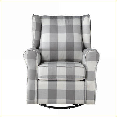 Swivel Glider Chair, Traditional Light Grey &amp; White Checkerboard Plaid Rolled Arm Wingback | Wood Frame | Fabric Upholstery