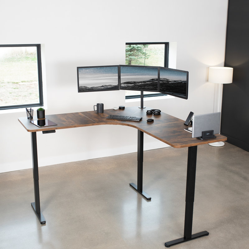 Rustic Vintage Brown L-Shaped Electric Adjustable Standing Desk