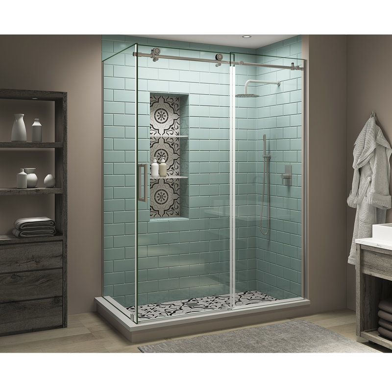Coraline XL 52" - 56" W x 34" D x 80" H Frameless Rectangle Sliding Shower Enclosure, Left, Stainless Steel