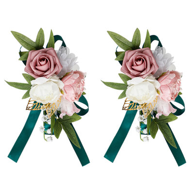 Set Of 2 Bridal Wedding Exquisite Brooch Corsage Decoration Pink Silk Roses Wedding Bride And Groom Artificial Flowers,PG