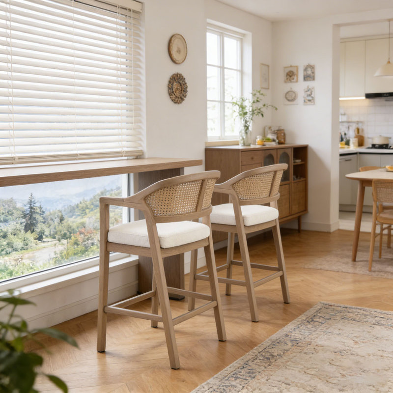 Tabouret de comptoir en bois avec dossier en rotin, Bois de frêne naturel