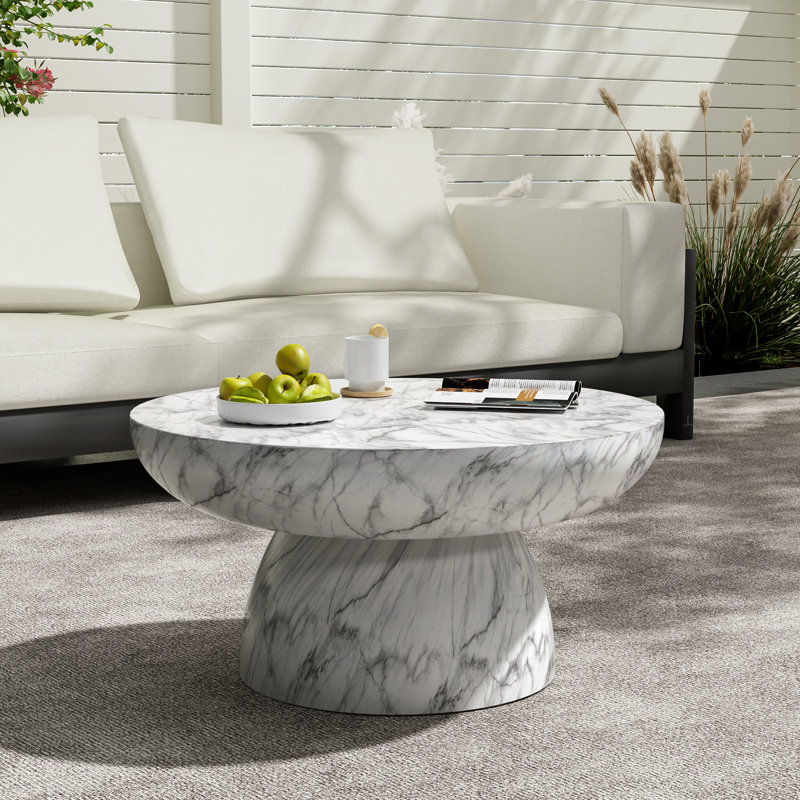 Table basse ronde en oxyde de magnésium pour patio Rey, Blanc / marbre gris