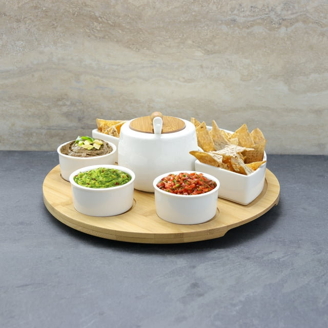 White Ceramic and Bamboo 8-Piece Appetizer Serving Set