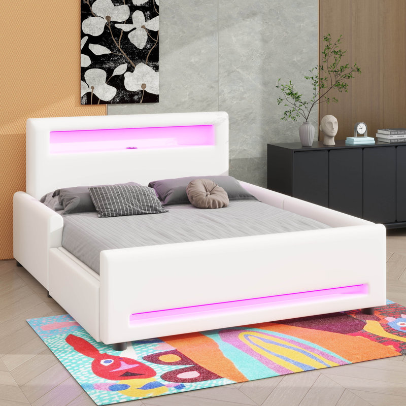Lit plateforme double avec tiroir, éclairage à bande DEL et connectivité USB, Lit double, Blanc