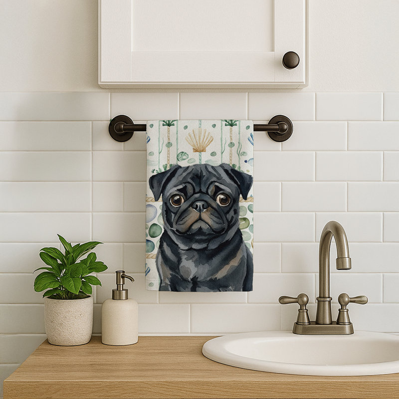 Serviette de cuisine blanche en verre de mer à épagneul tibétain blanc, Black Pug