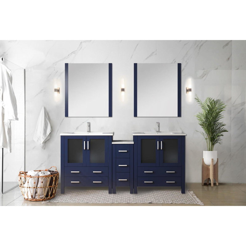 Meuble-lavabo double bleu marine 72 po Longueur, armoires latérales, plateau en céramique blanche, 28 miroirs, fermeture en douceur, espace de rangement intérieur spacieux, fonction de fermeture, longue durée