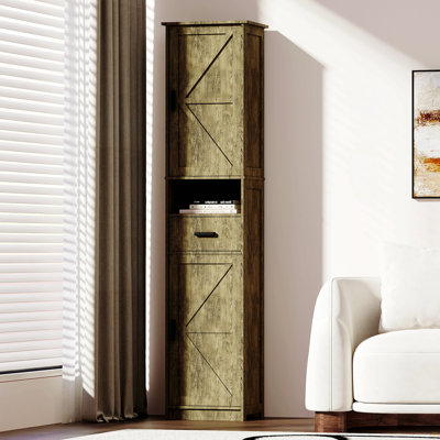 Armoire de rangement de 69 po de hauteur avec 2 portes de grange et 1 tiroir, unité de rangement étroite, tablettes réglables