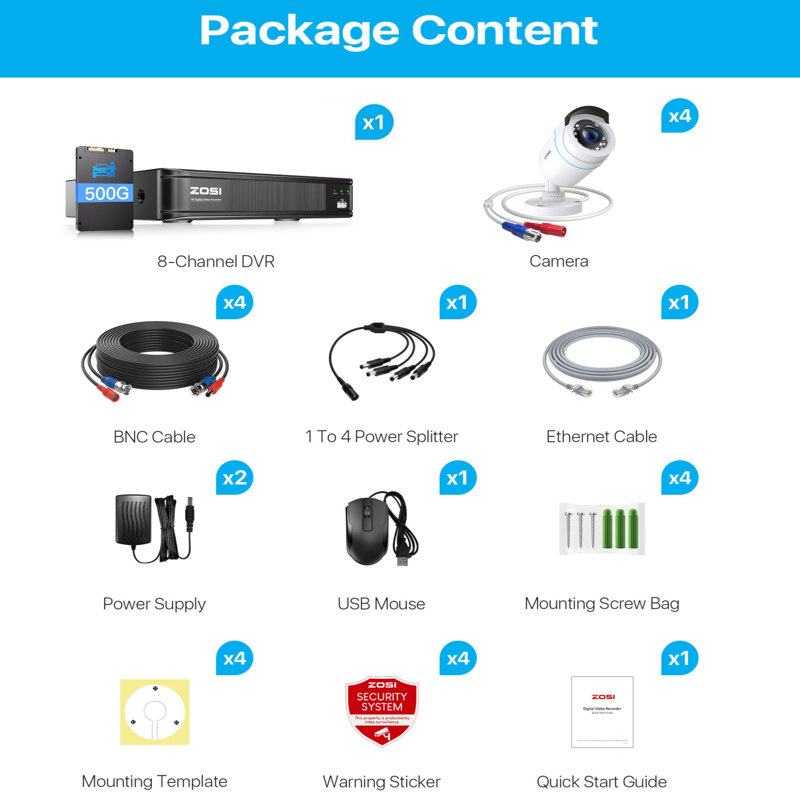 Système de caméra de sécurité filaire 8CH 1 080p, 4 Caméra de sécurité extérieure avec vision nocturne 80 pieds, disque dur 500 Go