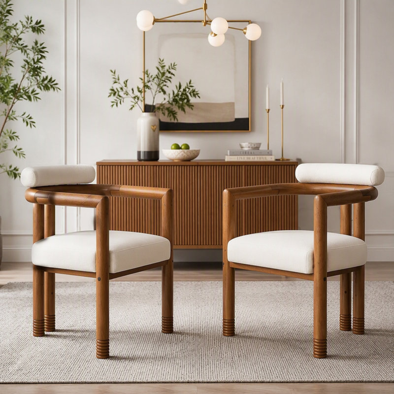 Ensemble de 2 fauteuils d'appoint modernes, structure en bois d'hévéa avec siège et dossier rembourrés en tissu, fauteuils confortables pour salon et salle à manger, style milieu du siècle